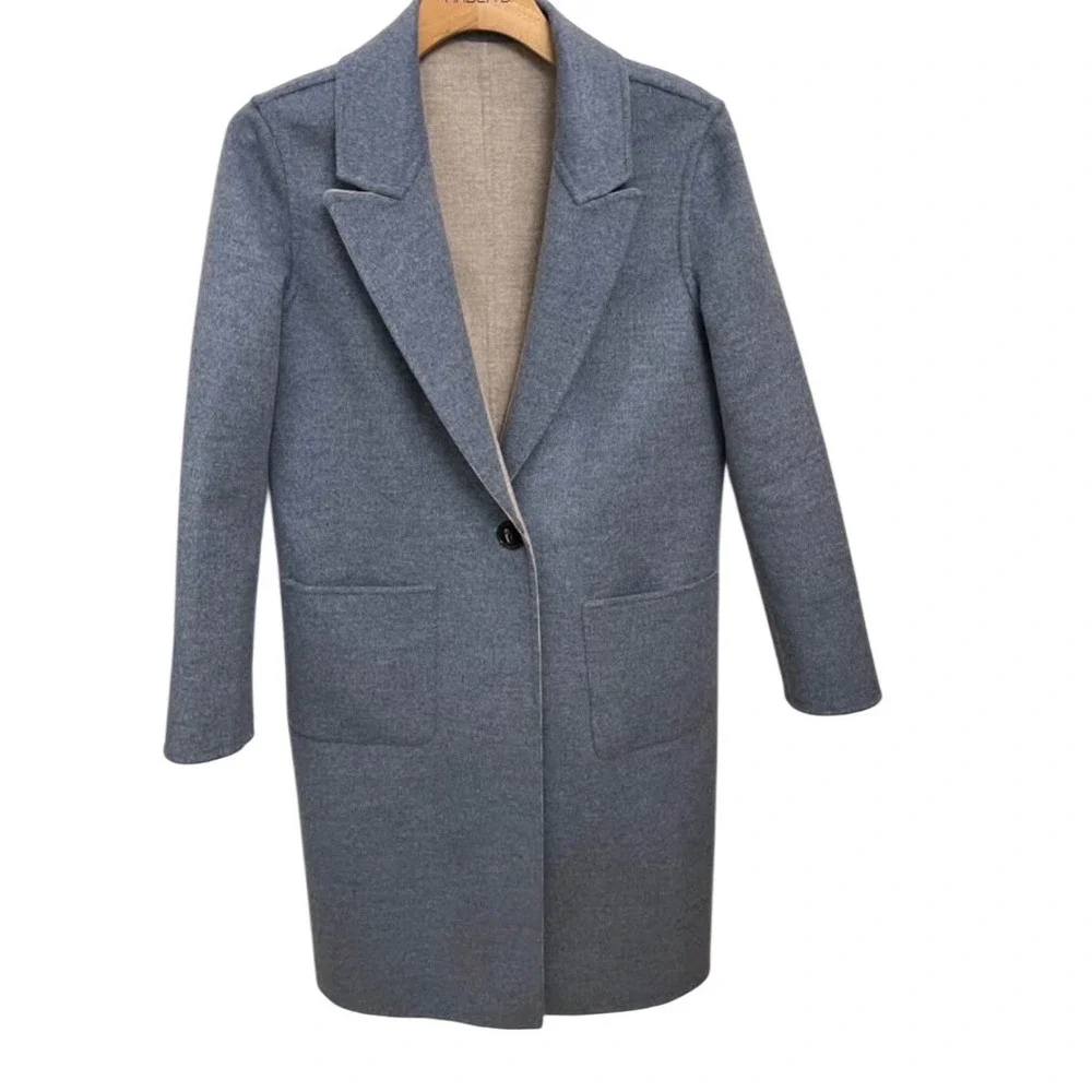 100% Virgin Wool Reversible Coat Womens 8 Grey Blue Long Jacket Blazer‎ Classic